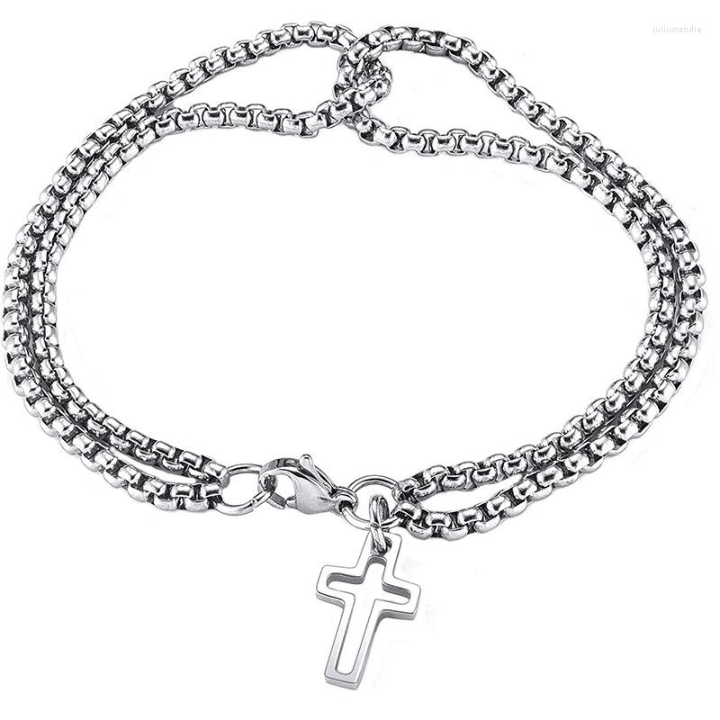 

Link Bracelets Fashion Silver Color Double Chain Hollow Cross Stainless Steel Bracelet For Men Women Trendy Hip-Hop Casual Amulet Jewelry