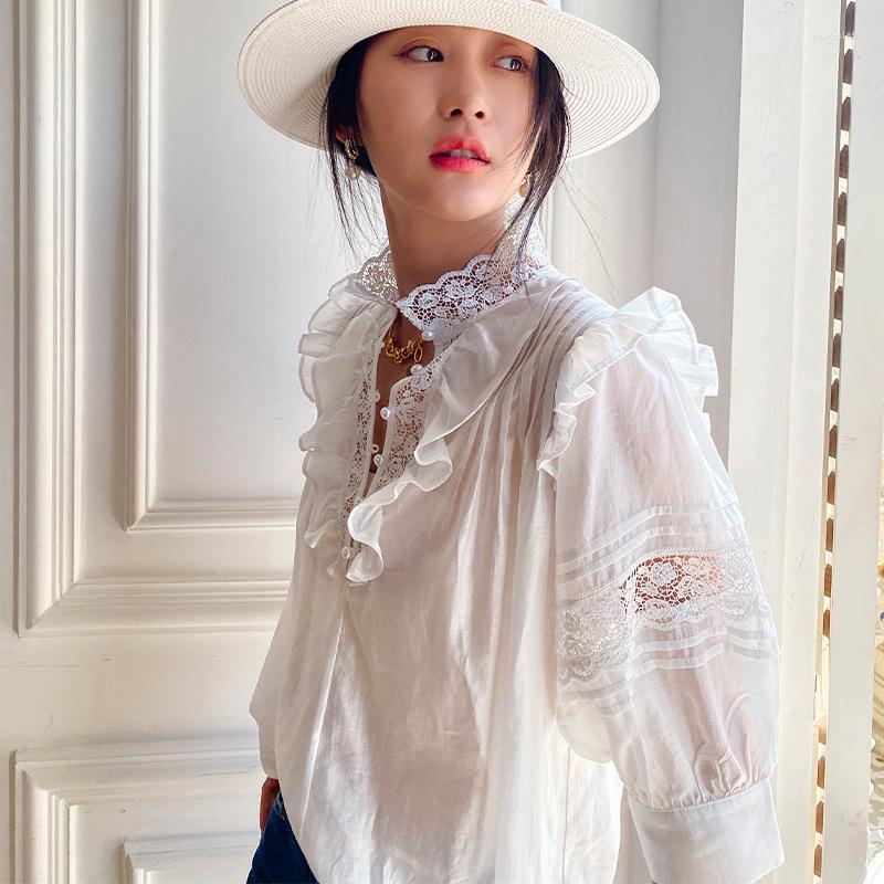 

Women' Blouses Summer Lotus Leaf Shirts For Women Tops Spring Stand Collar French Shirt Lady Sweet Skirts Straight Half Sleeves Lace Hollow