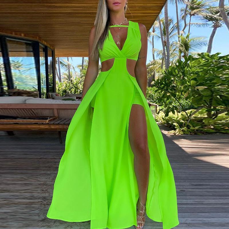 

Casual Dresses Sexy Bra Elegant Solid Sleeveless Long Dress V-neck Hollow Beach Summer Holiday Backless Boho Green Maxi Vestidos