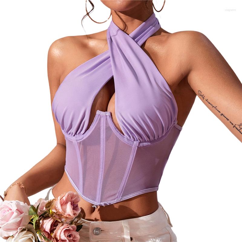 

Women' Tanks Xingqing Corset Top Y2k Aesthetic Women Solid Color See Through Hollow Out Sleeveless Halter 2000s Vest Party Clubwear, As photo shows