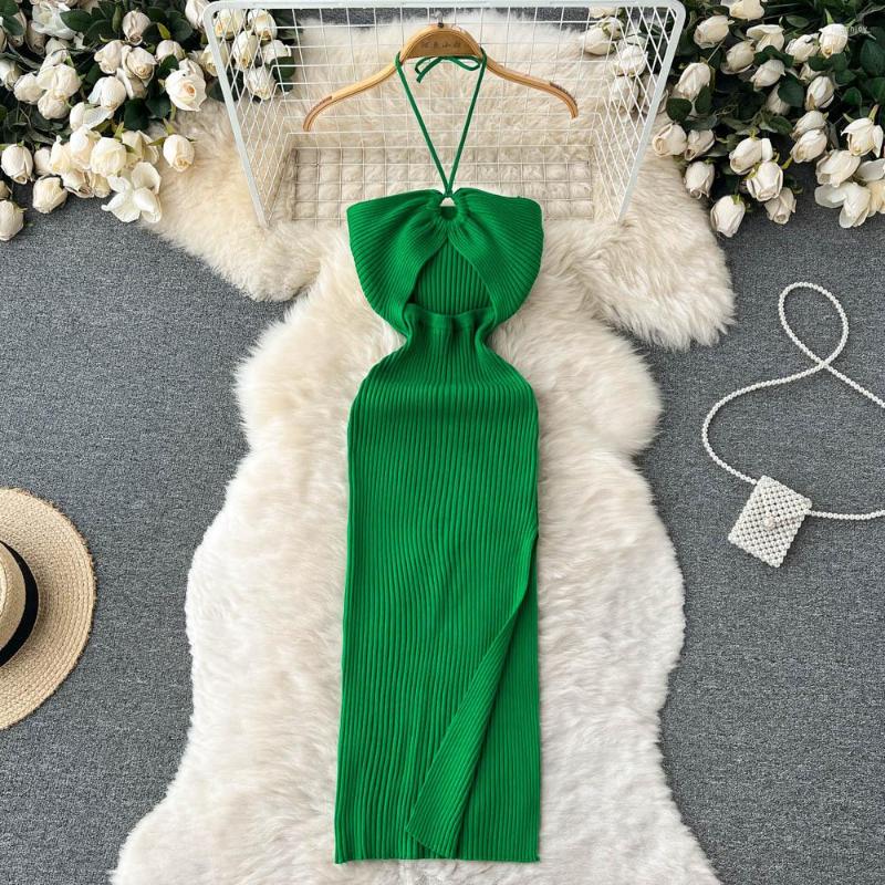 

Casual Dresses Vacation Dress Womens Streetwear Fit Slim Tight Hanging Neck Off The Shoulder Knitted Skirt Skims For Women Vestidos, Brown
