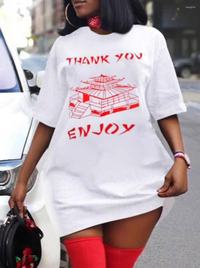 

Plus Size Dresses LW Summer Casual O Neck Letter Print White Mini T-shirt Dress Half Sleeve Loose Streetwear Tees Skirt