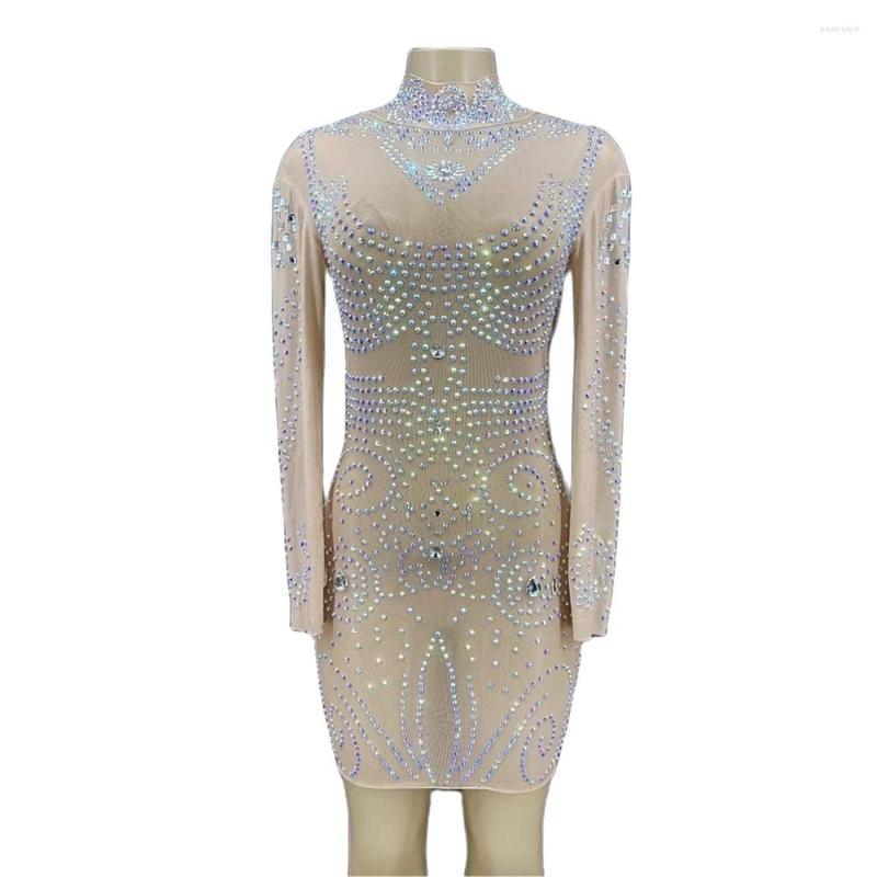 

Stage Wear Nude Shining Rhinestone Crystal Long Sleeves Sexy Dress For Women Evening Party Clothing Singer Prom Dance Costumes