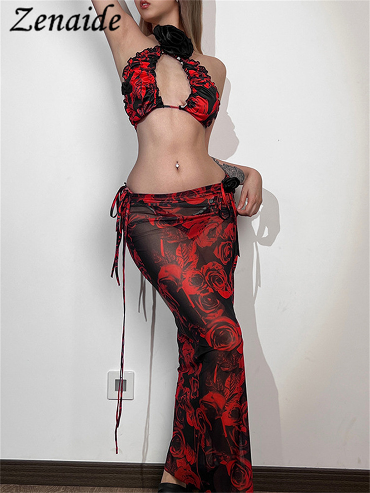 

Women s Two Piece Pants Zenaide Mesh Backless Crop Top And Shorts 2 Set Y2K Floral Print Women Sexy Beach Vacation Matching Sets Summer 2023 230414, Skirt only