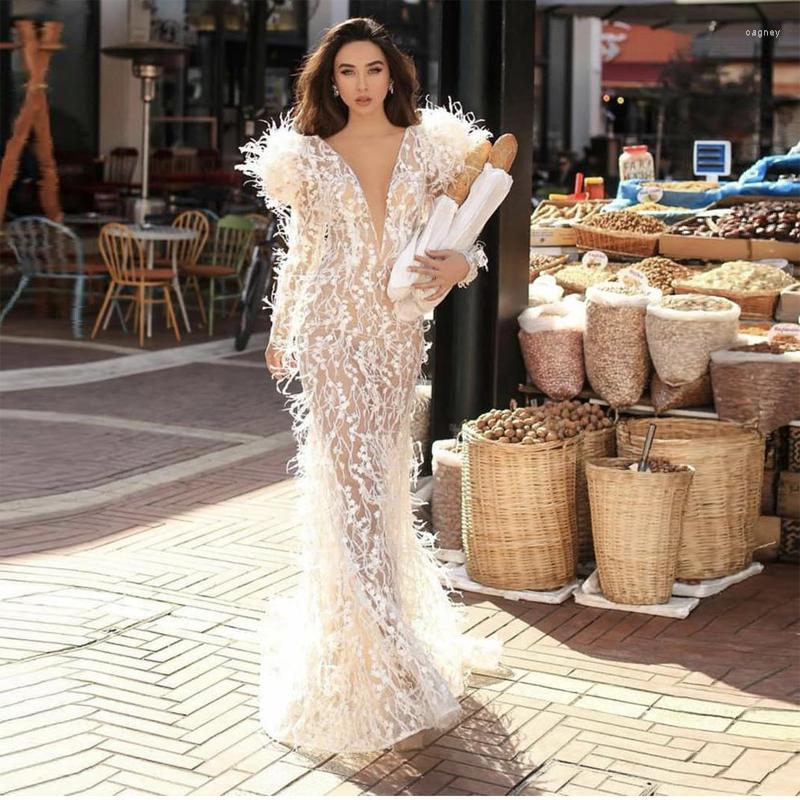 

Party Dresses Charming Sexy Luxury Mermaid Prom Long Sleeves Feathers Appliques Women Evening Pageant Gowns Plus Size Custom Made, Picture color