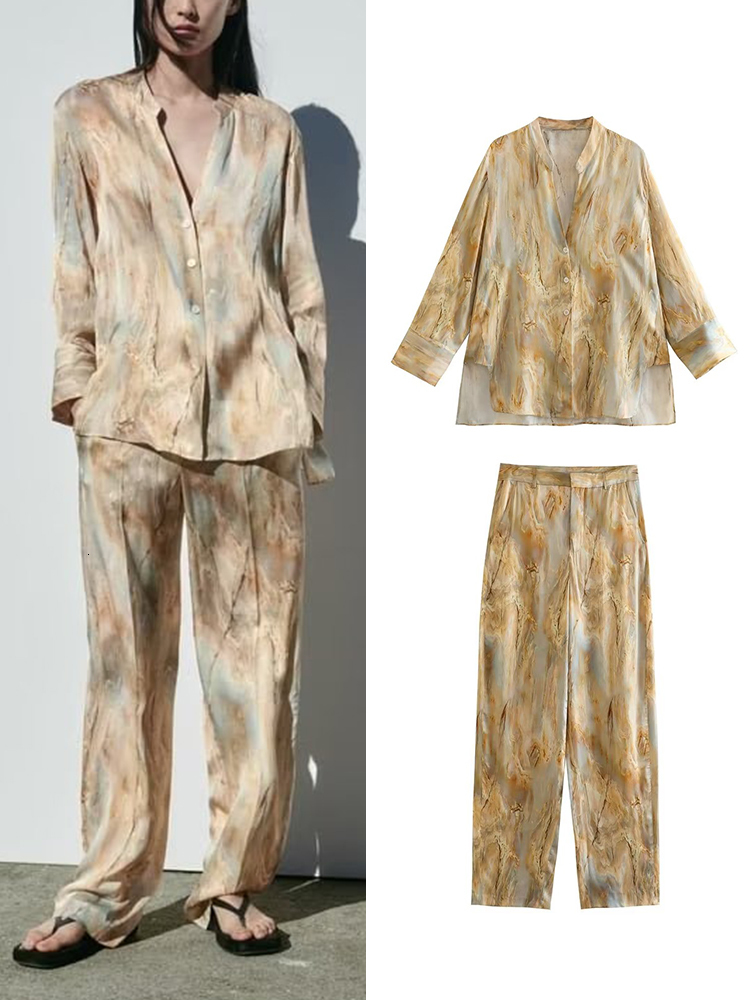 

Women's Two Piece Pants Sets Shirts Set Spring Summer 2 Pieces Trousers Tie Dye Asymmetric High Waist Straight Suit 230414, Multi shirt-9233