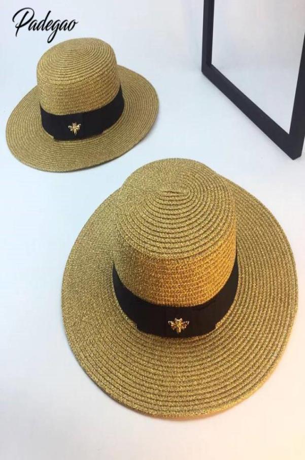 

Spring And New Retro Gold Braided Flat Head Straw Lady Wide Eaves Sunscreen Sun Summer Hat Cap C190417017293775