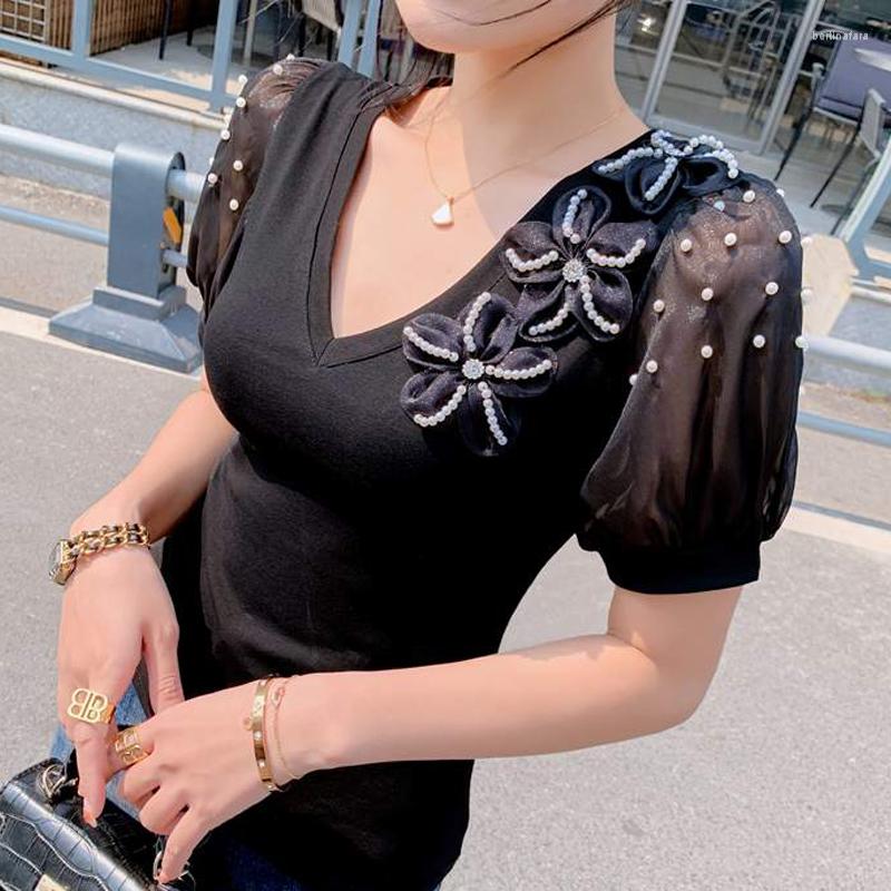 

Women's T Shirts 2023 V-neck Short Sleeve Casual Top Handmade Flower Beaded Shirt Korean Fashion Summer Women, White