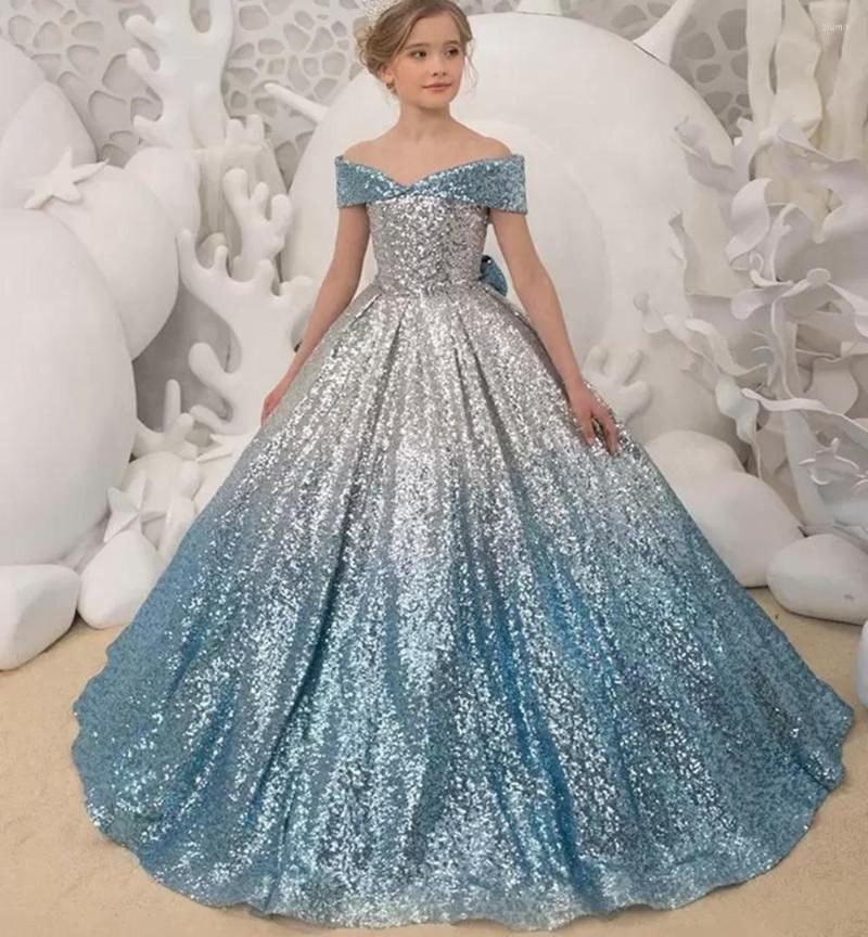 

Girl Dresses 2023-20Flower Off Shoulder Ball Gown Lace Appliques Tiered Skirts Girls Pageant Dress A Line Kids Sequined Birthday, Blue