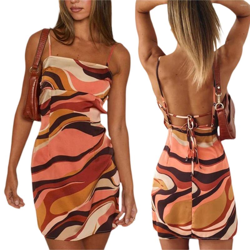 

Casual Dresses Women Sling Sleeveless Off Shoulder Midi Party Street Abstract Pattern Print Summer Dress