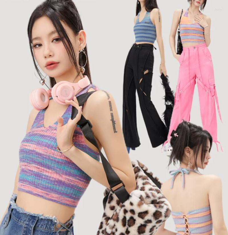 

Women's Tanks Korean Women Camisoles Halter Neck Colorful Stripe Knit Tank Top Backless Strap Sexy Crop, Blue
