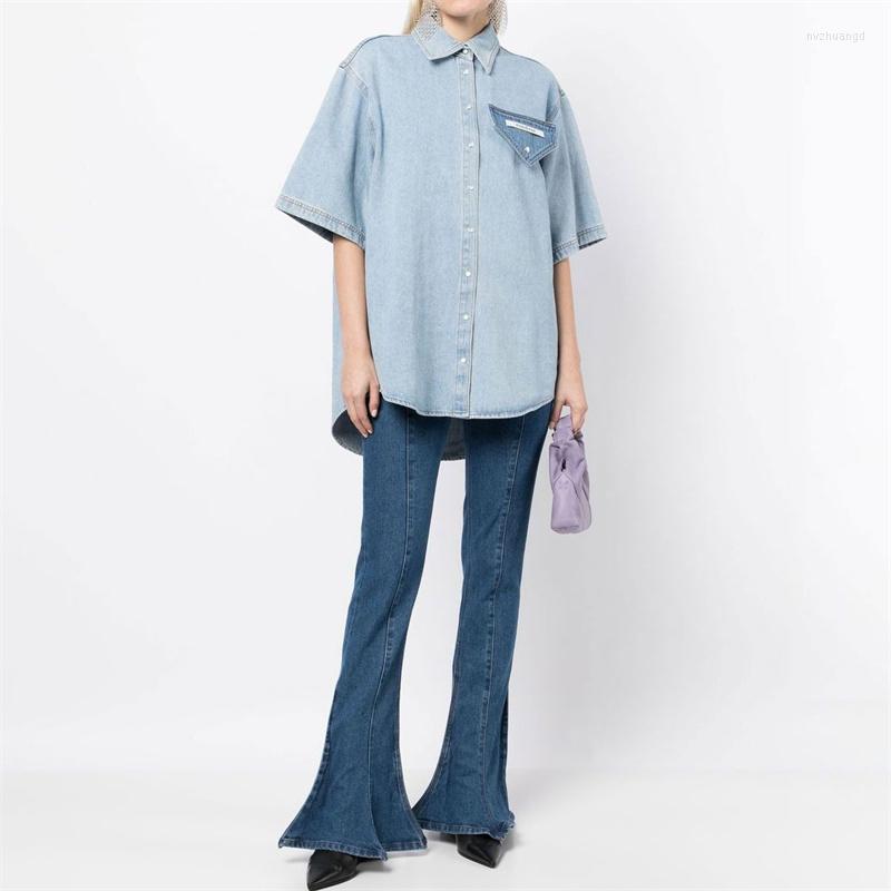 

Women' Blouses Fashion Woman Blouse 2023 Spring Summer In Vintage Washing Pure Cotton Denim Women' Shirt High Quality Short Sleeve Top, Bue