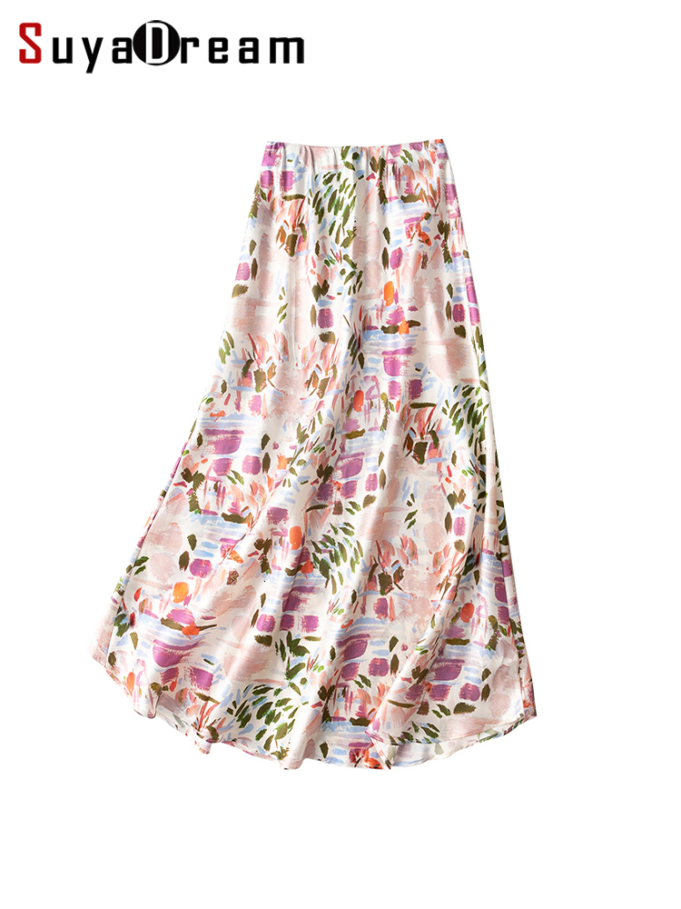 

Skirts SuyaDream Mermaid Skirt for Woman 93%Silk 7%Spandex Elastic High Waist Printed Spring Summer Long Chic Skirts 230414, Pink
