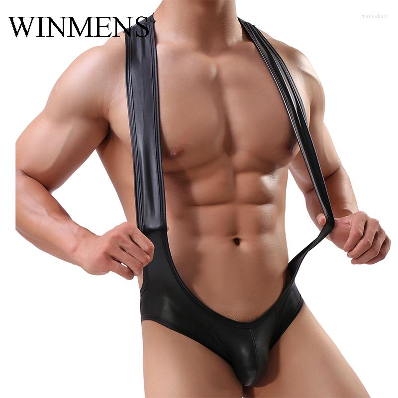 

Underpants Men's Briefs Underwear Black Fake Leather Spandex Jumpsuit Panties Novelty Backless Bulge Pouch Jockstraps Gay Sexy