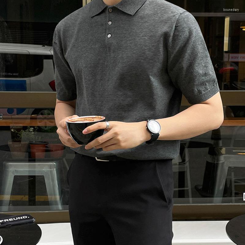 

Men's T Shirts SYUHGFA Korean Chic Men Knitted Shirt Summer Loose Fashion Solid Color T-shirt Casual Lapel Short Sleeve Top 2023 Trend, Dark grey