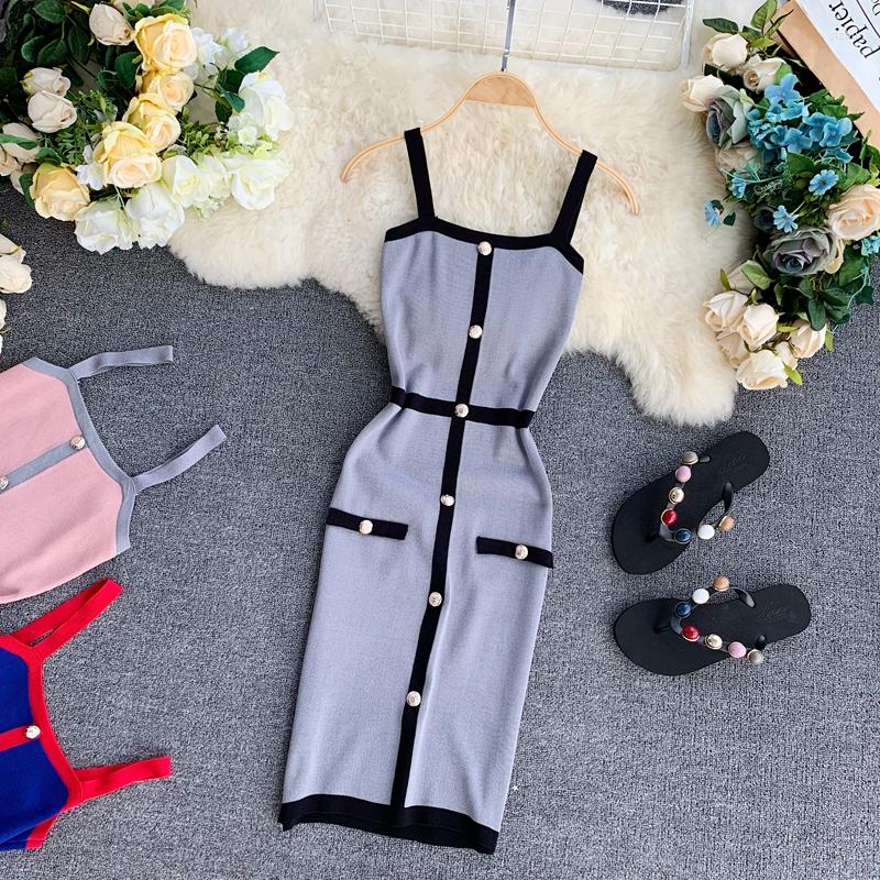 

Casual Dresses 2023 Ladies Button Sexy Slim Summer Knitted Mini Short Bodycon Dress Women Spaghetti Strap Party Sheath Vestidos, Black