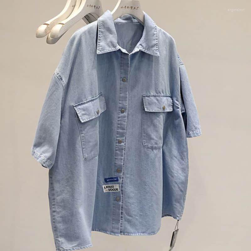 

Women's Blouses Denim Shirts And Women Mid Length Pocket Shirt Half Sleeve Regular Tops Clothes For, Blue