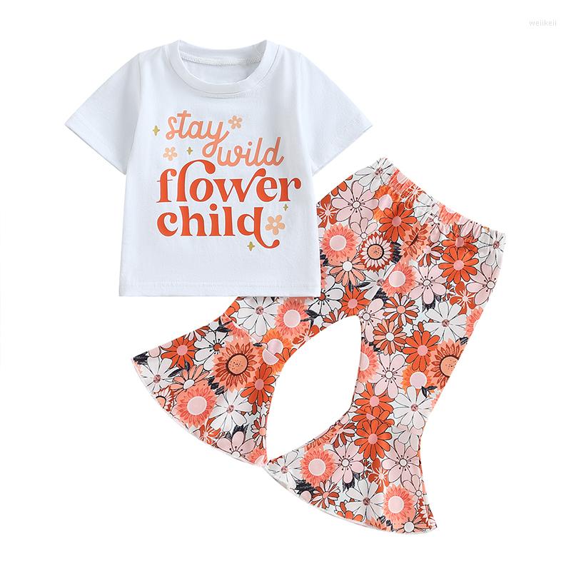

Clothing Sets Kid Girls Pants Set Short Sleeve Crew Neck Letters Print T-shirt With Flower Flare