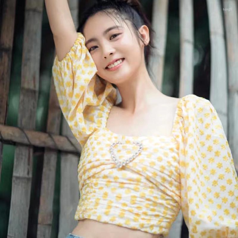 

Women' Blouses Spring/Summer 2023 Daisy Puff Sleeve Diamond Trim Slim Ultra Short Ladies Top, Yellow