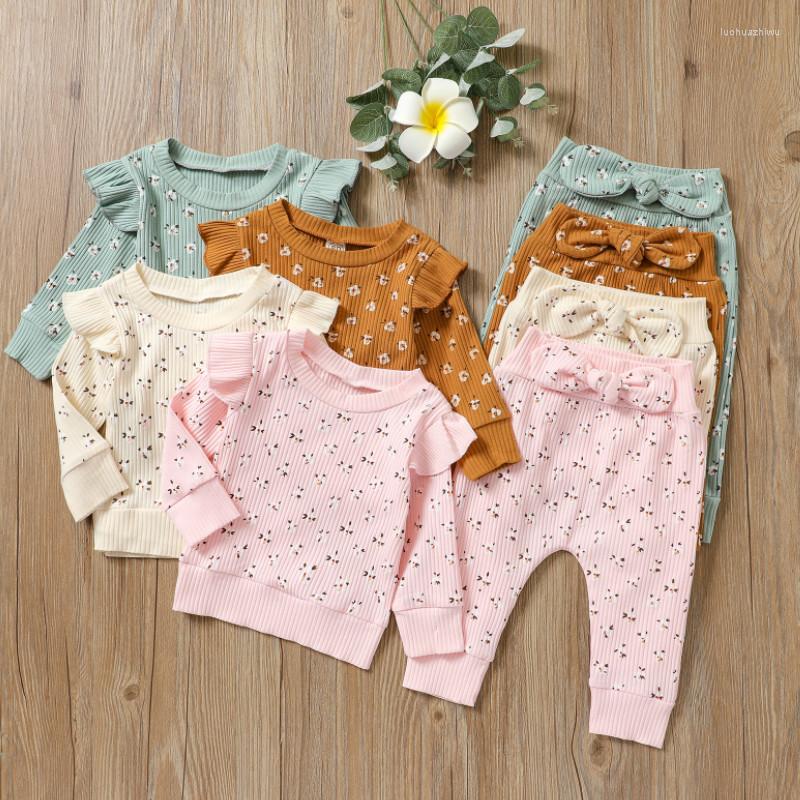 

Clothing Sets Toddler Girl Autumn Winter Clothes Set 2023 Floral Ruffled Long Sleeves Pullover Bow Pants For Girls 6 Months To 4 Years