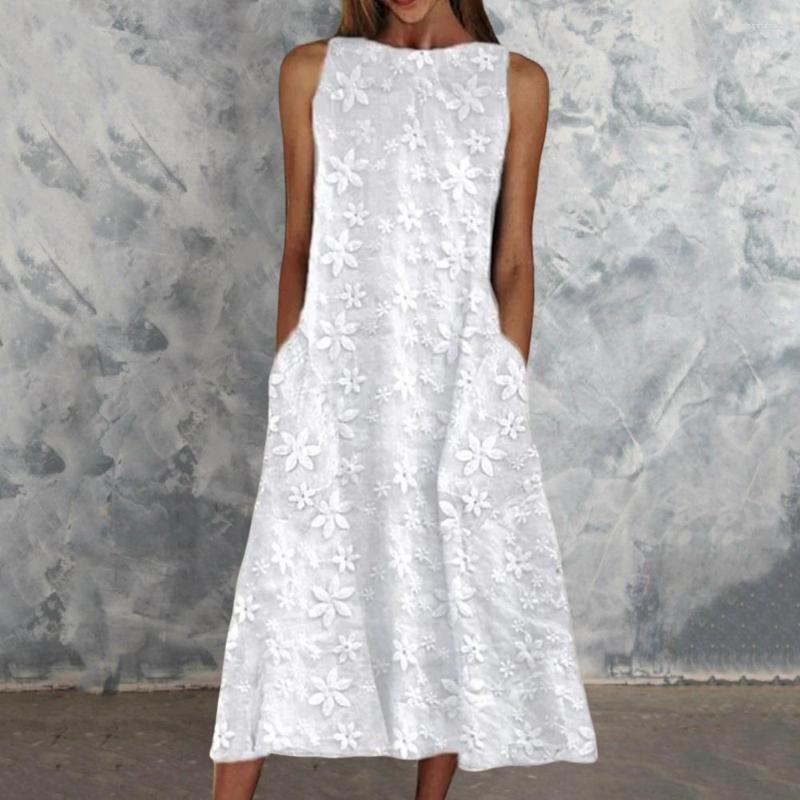 

Casual Dresses Women Midi Dress Round Neck Lady Pure Color Beach, White