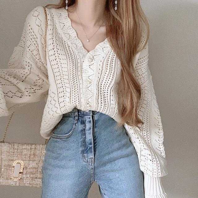 

French Hollow Lace V Neck Sweaters Long Sleeve Knitwear Female Autumn Winter, White