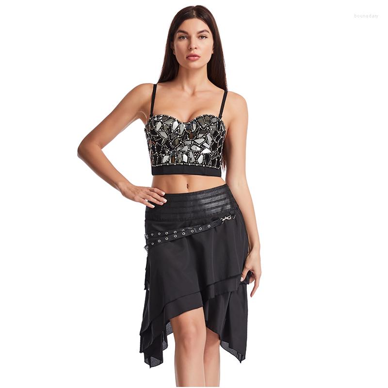 

Bras Grey Beaded & Mirror Women Brassiere Push Up Crop Top Sexy Bralette Gothic Steampunk Two Piece Bra And Skirt Set Night Club Wear, Bra top