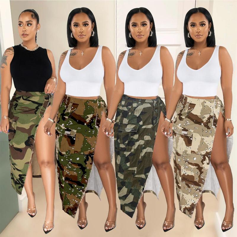 

Skirts 2023 Casual Women Skirt Dress Split Out Camouflage Print Long Slim Bodycon Dresses For Outfit, Army green