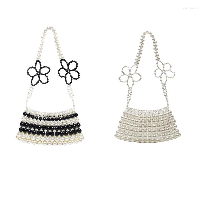 

Evening Bags D0LF Fashion Beaded Flower Artificial Pearl Bag Shoulder Messenger Luxury Handbag Summer Beach Purses And Clutch, Black and white