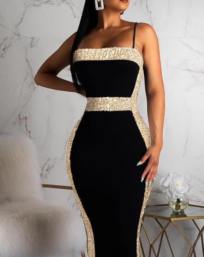 

Casual Dresses Women' 2023 Summer Fashion Contrast Sequin Spaghetti Strap Sexy Square Neck Plain Sleeveless Bodycon Party Midi Dress