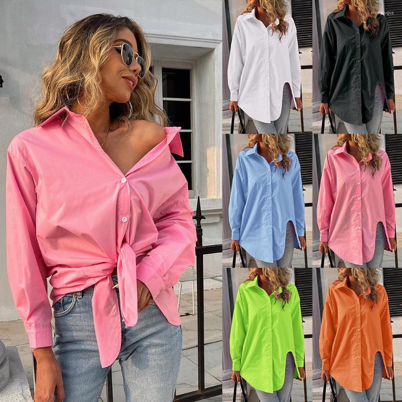 

Women's Blouses Women Pink OL Long Loose Blouse Shirts Summer Turn Down Collar Sleeve Irregular Hem Tops 2023 WDC1023