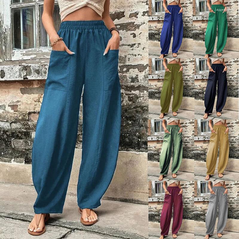 

Women' Pants Casual Solid Color Elastic Waist Straight With Pockets For Women Summer Fashion Loose Ladies Trousers Pantalon 25996, Green