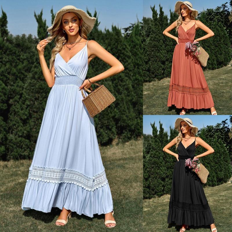 

Casual Dresses Solid Color Sling Short Skirt High Waist Hollow Wrap Breast Dress Lace Hook Flower, Black