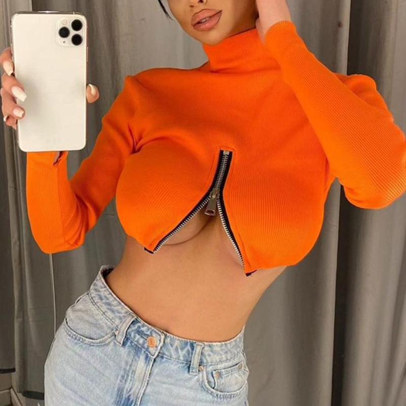 

Women' Blouses & Shirts 2023 Sexy Orange Turtleneck Blouse Autumn Long Sleeve Chest Zipper Women Party Fashion Crop Top Solid Color Est Fem, Beige