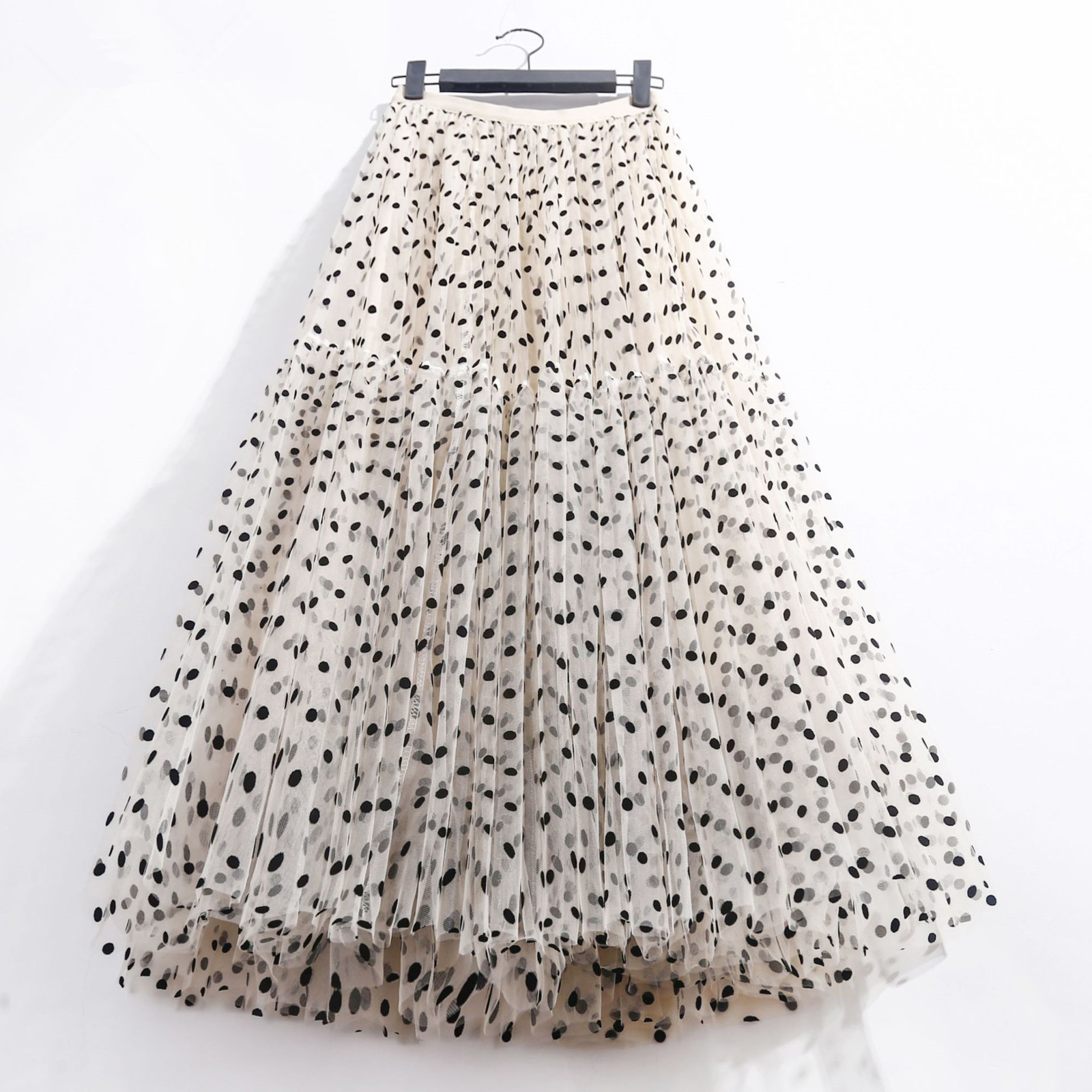

Skirts Spring Summer Polka Dot Tulle Skirts Women Casual Elastic High Waist A-line Skirt Female Party Beach Midi Pleated Skirt 230414, Black