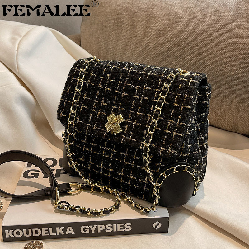 

Evening Bags Top Quality Tweed Weave Plaid Crossbody Women s bag Knitting Trend Classic Chain Flap Shoulder Bag Luxury Designer Handbags 230414, Black