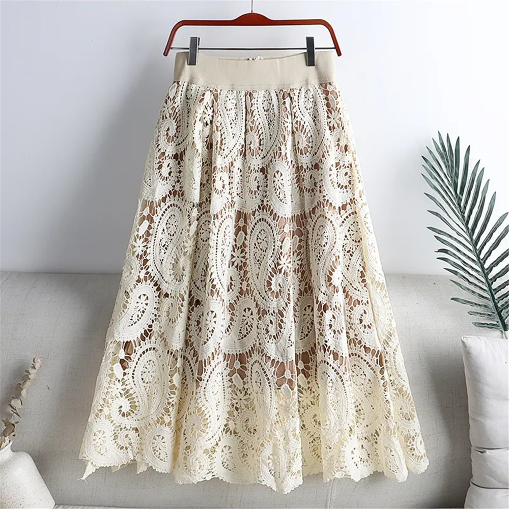 

Skirts Vintage Lace Pleated A-Line Solid Color Skirt For Women High Waist Elastic Embroidery Mid-Calf Skirts Female Spring Summer 230414, White