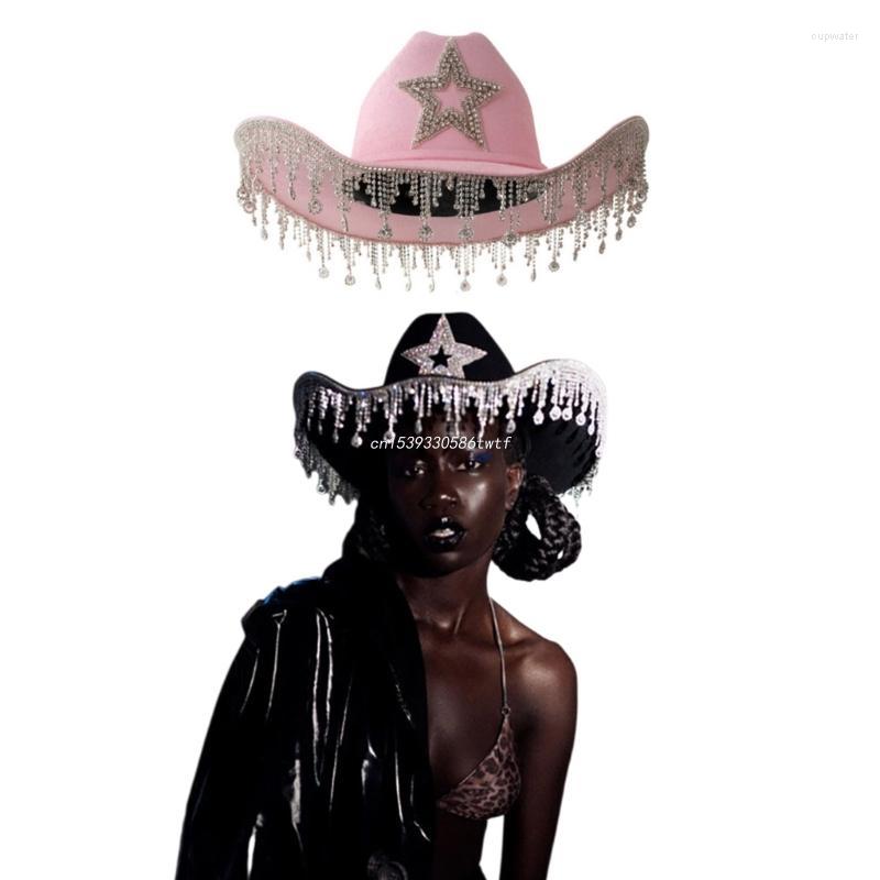 

Berets Woman Dangle Cowboy Hat With Adjustable Rope Wide Brim Bridal Western Fedoras For Poshoots Supplies Dropship, Black