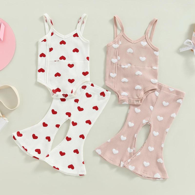 

Clothing Sets Baby Girls Pants Set Heart Print Sleeveless Romper With Elastic Waist Flare Summer Outfit, Picture shown