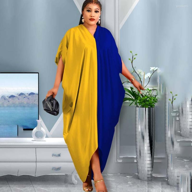 

Ethnic Clothing Muslim Dresses For Women 2023 Stitching Color African Maxi Robe V-neck Short Sleeve Novelty Dress Ladies Summer Kanga Bouou