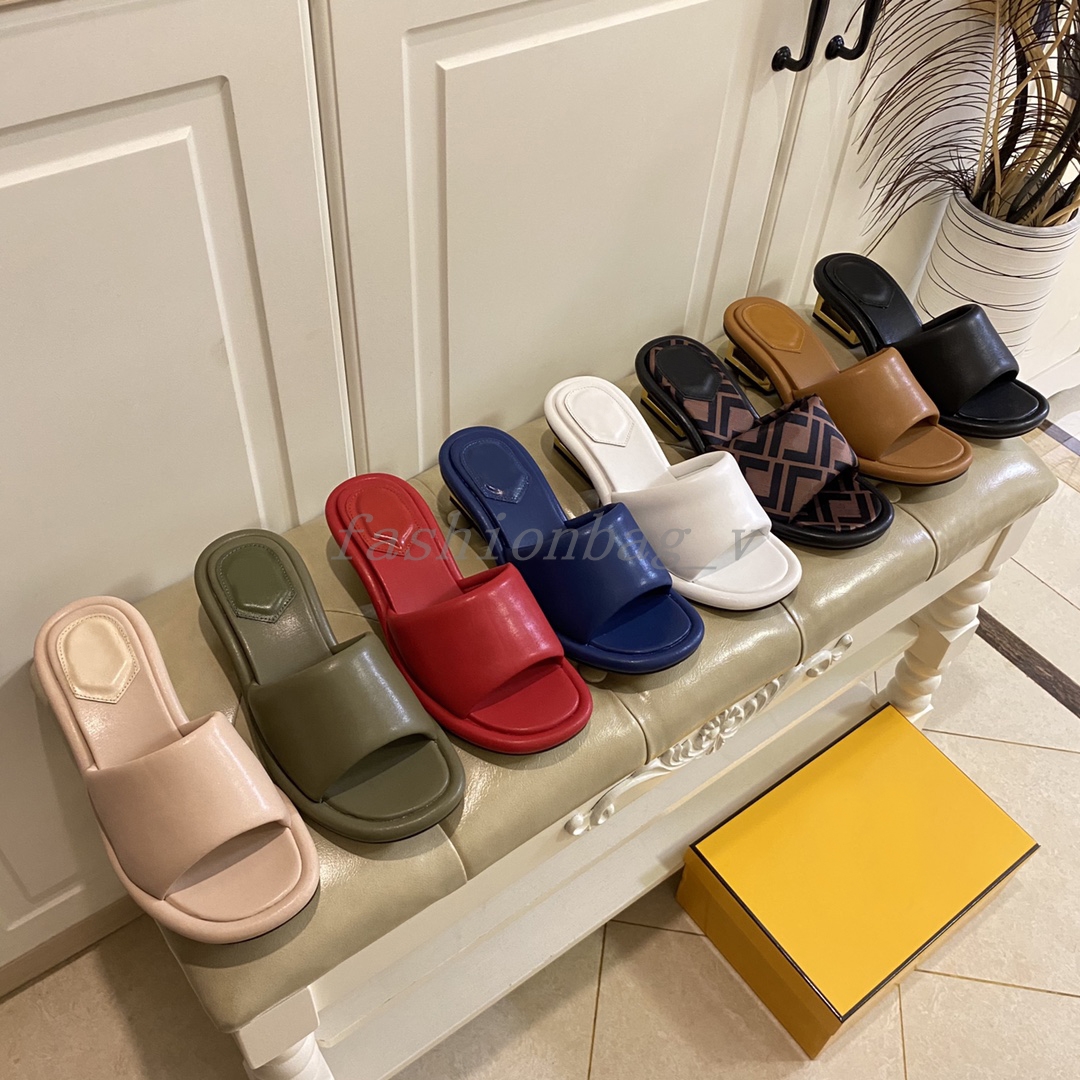 

Designer Slippers Women Baguette Sandals Nappa Leather Slides Square Metal Heels Fashion Sculptural Med Heel Summer Shoe