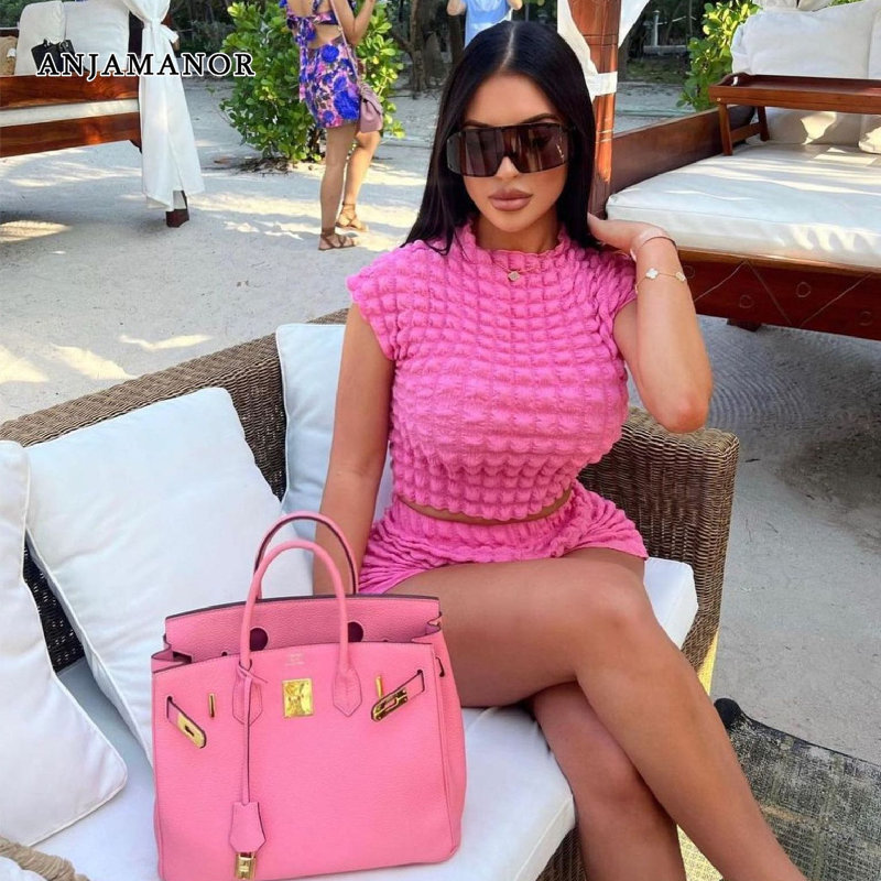 

Women s Two Piece Pants ANJAMANOR Bubble Texture Crop Top and Shorts Matching Sets Summer Clothes for Women Casual Vacation Outfits D0 CF24 230414, Black