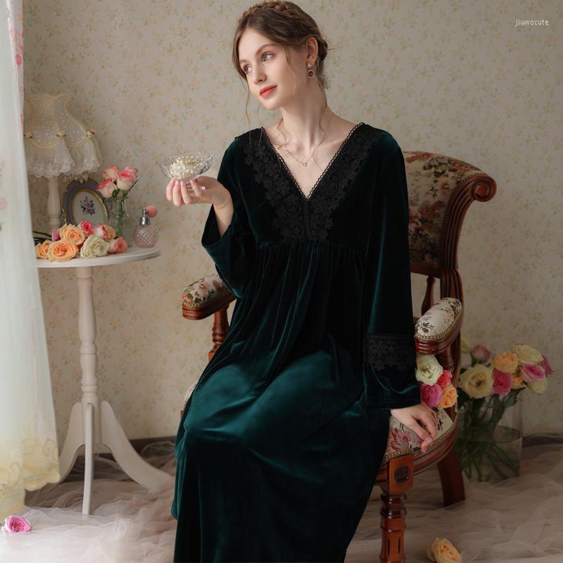 

Women's Sleepwear Fleece Nightdress Women Lace V-Neck Warm Nightwear Sleepshirt Long Dressing Gown Elegant Soild Retro Winter Sleepdress, Green