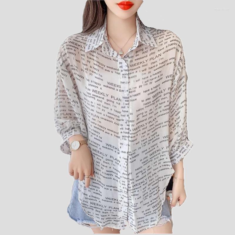 

Women's Blouses 2023 Women Summer Chiffon Shirts All-Match Long Sleeve Letter Ladies Polo-Neck Loose Short Tops Blusas Fashion MM0490, White