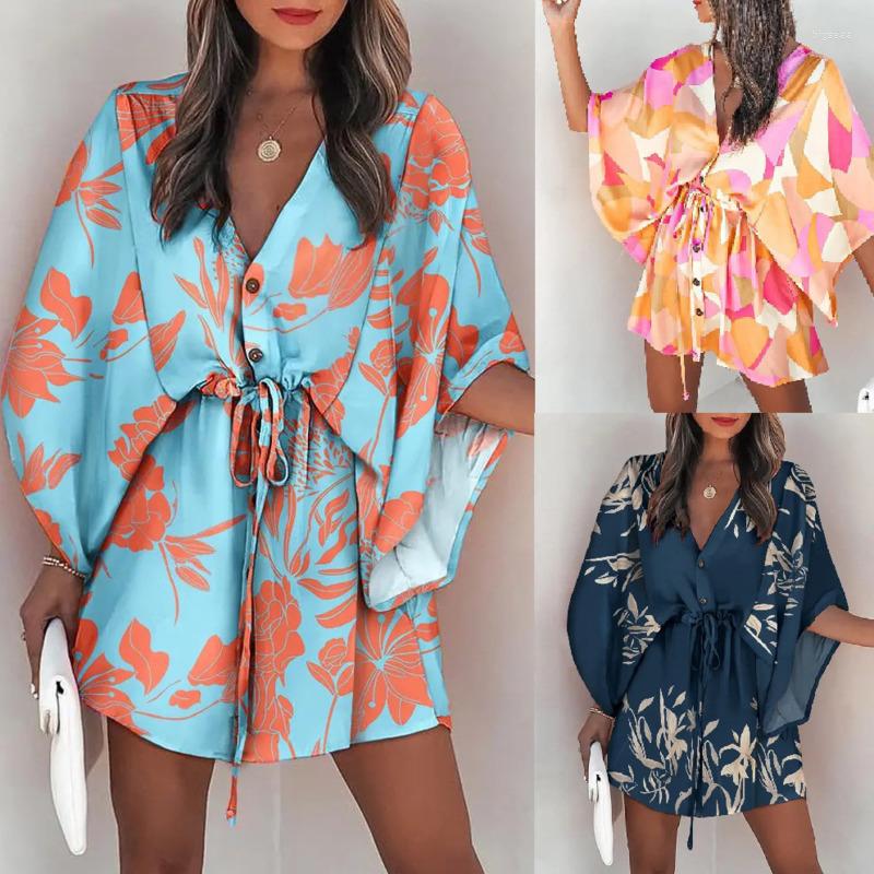 

Women's Blouses 2023 Summer Casual Boho Dresses For Women Loose Print V-Neck Batwing Sleeve Irregular Vestido Womens Shirts, A7
