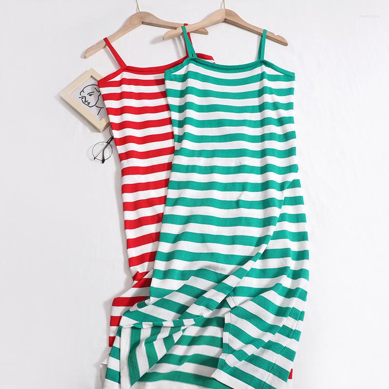 

Casual Dresses Summer Knitting Stripe Contrasting Colors Camis Mini Girls Elegant Waist Thin Split Long Dress For Woman, Green