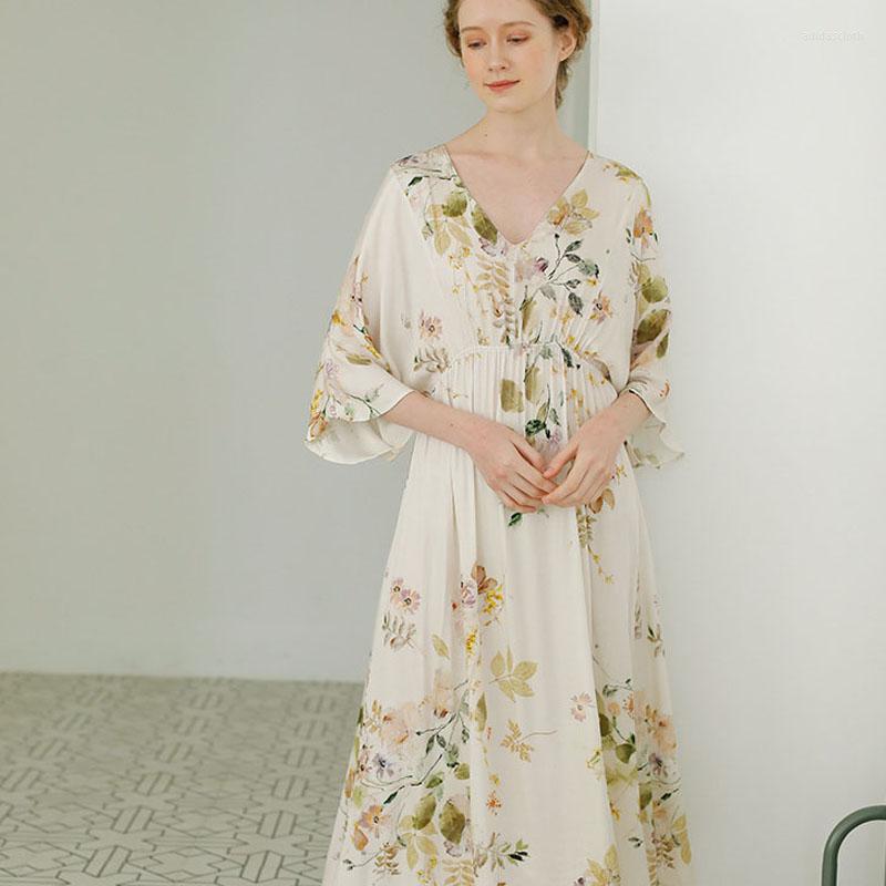 

Women's Sleepwear Summer Women's Nightdress Sexy V-neck Elegant Leaves Print Female Home Wear Sleepdress Women Nightgown, As shown