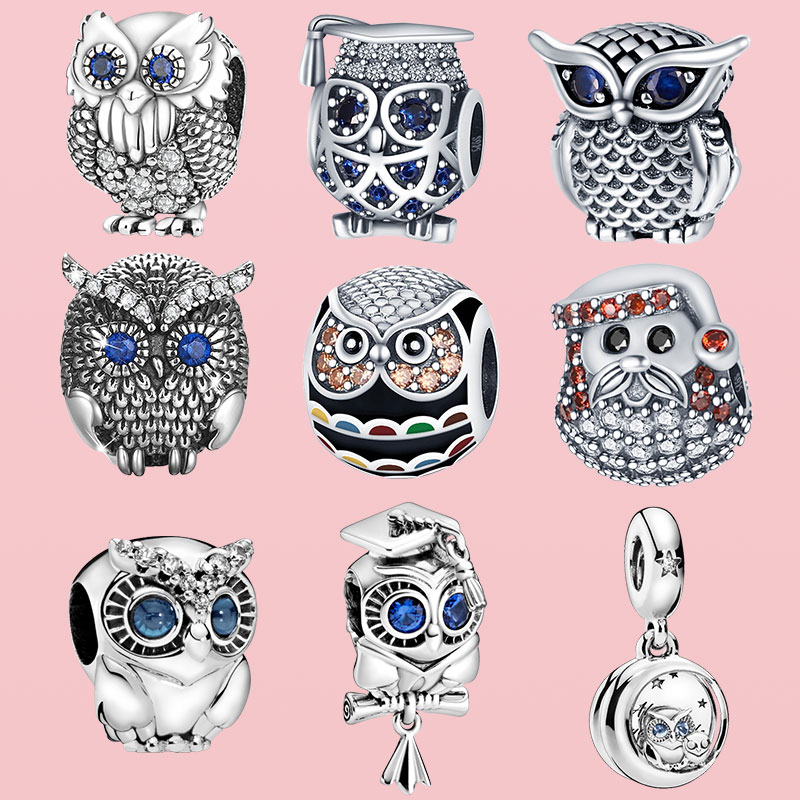 

Sterling Silver Charms Pendants Cute Blue Eyes Owl Dangle Beads Fit Original Pandora Bracelet Necklace Fine designer Jewelry