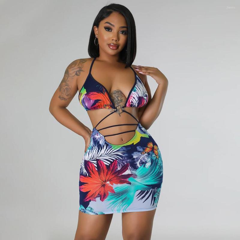 

Casual Dresses Zoctuo Lace Up Printing Going Out For Women Club Sexy Camisole Backless Bandage Bodycon Beach Short Vestidos, Broken colour