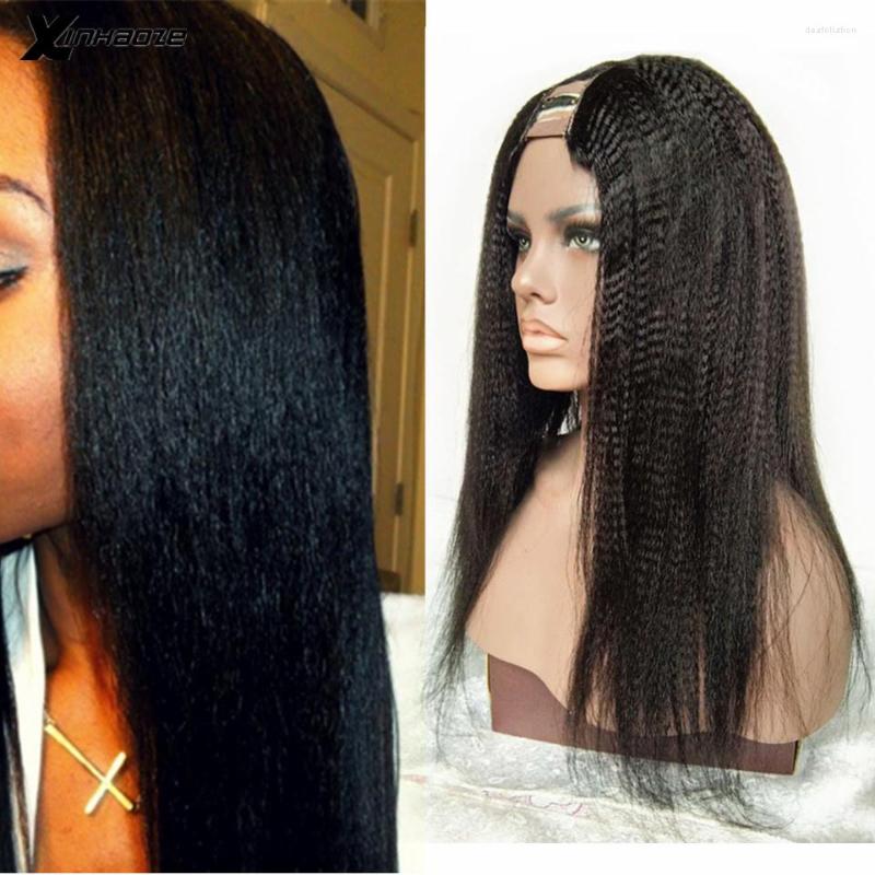 

Yaki Straight U Part Wig Human Hair Kinky Brazilian Remy 180% 250 Density Pre Plucked For Women Full End, Picture shown
